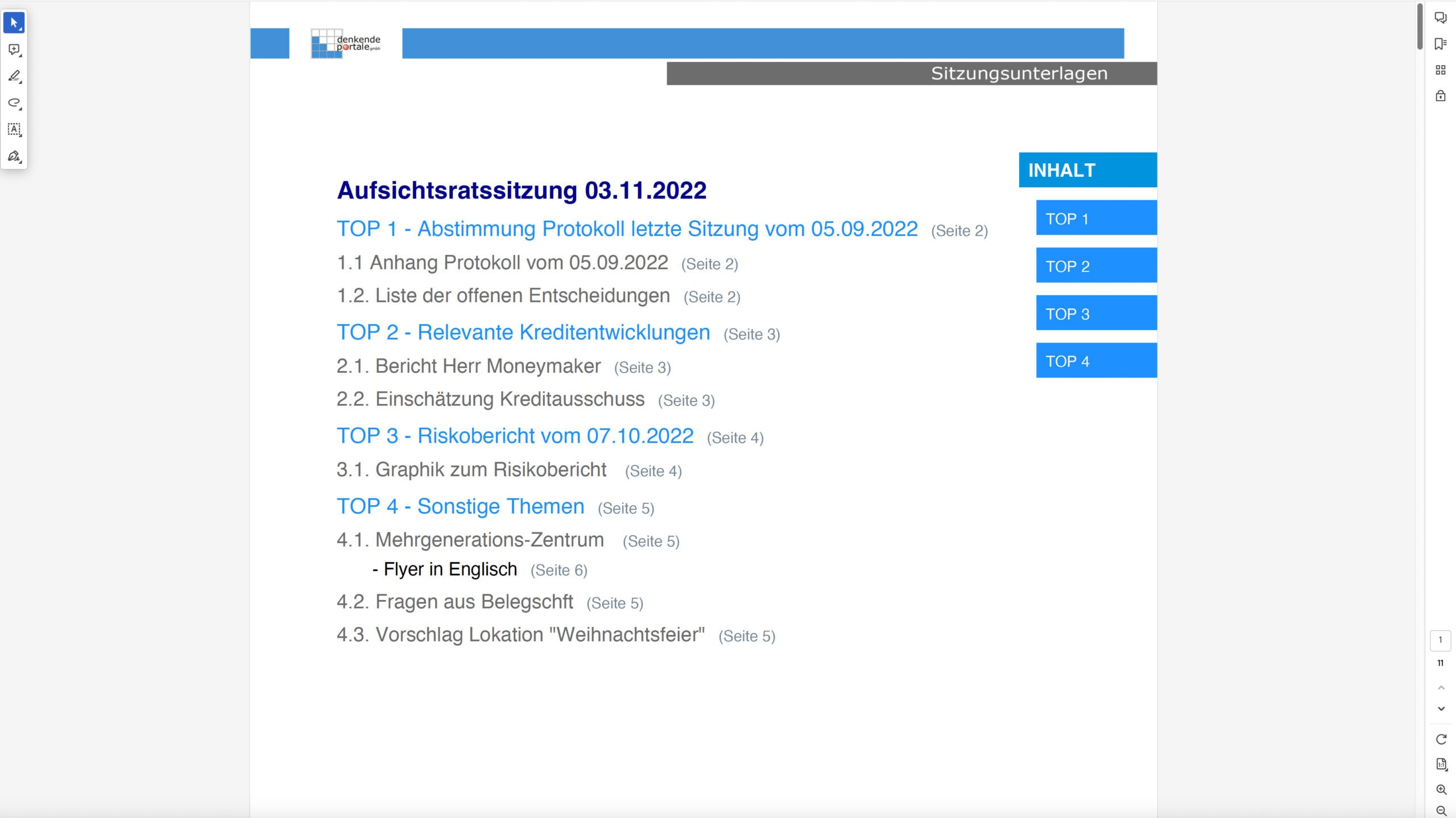 Screenshot einer Sitzungsunterlage